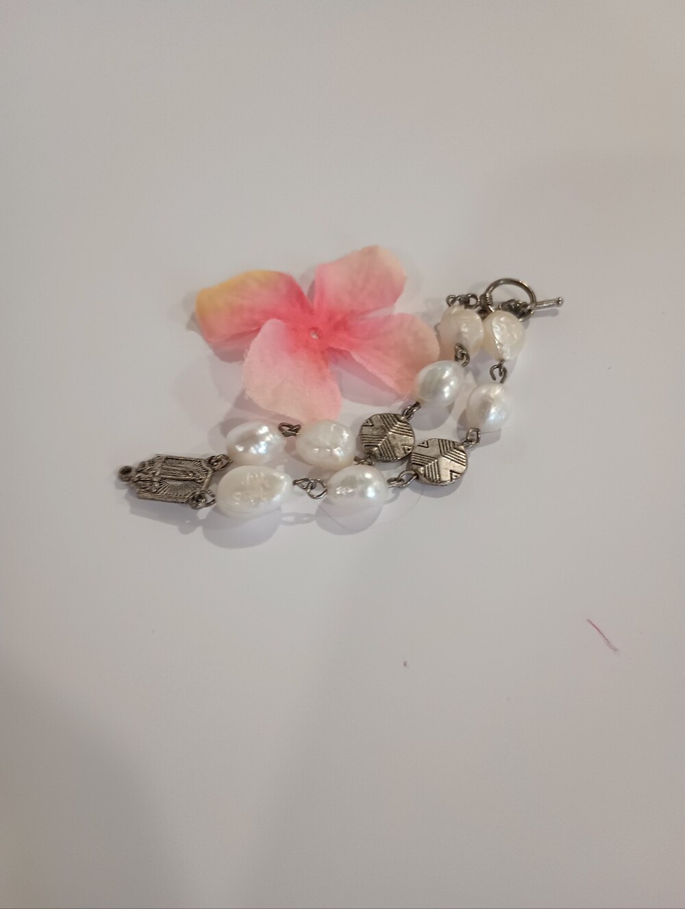 White Pearl and Silver Bead Bracelet, Small Silver Designed Pendant